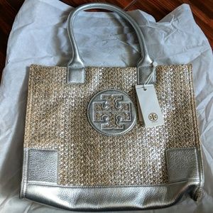 Tory burch ella metallic straw mini tote